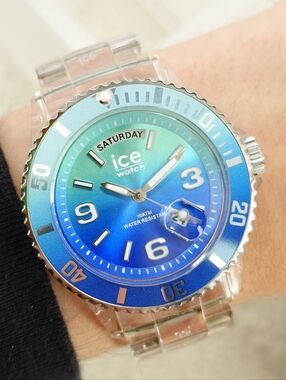 Ice Watch Men’s Watch Clear Case Sunset Turquoise Day-Date 40mm Plastic WITH BOX